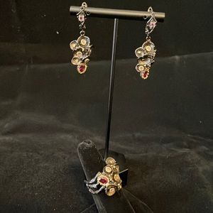 Black metal  genuine gemstones and earrings amd ring set. Ring size 7.
